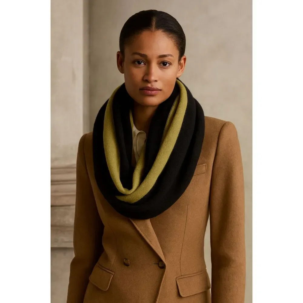 Brodie Cashmere Color-block 100% Cashmere Infinity Scarf In Green Black NWOT